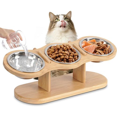 Gamelles surélevées en bois avec trois bols inox