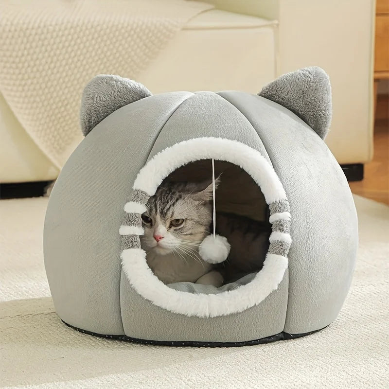 Niche cocon pour chat en peluche avec pompon — vue 6