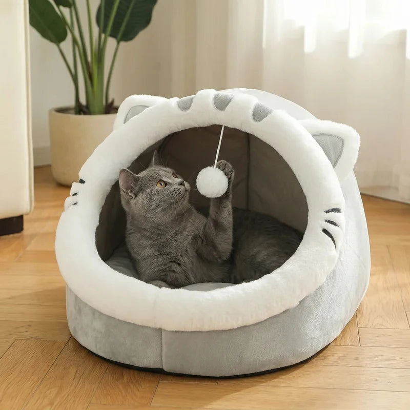 Maison douillette pour chat avec oreilles et pompon — vue 3