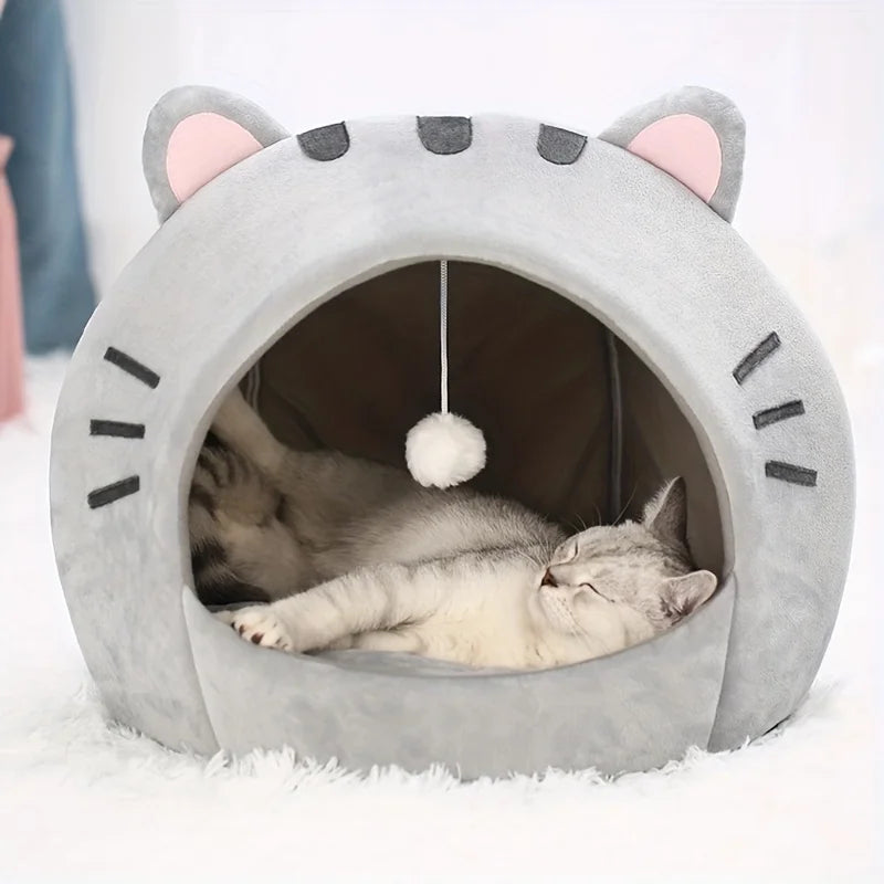 Niche cocon pour chat en peluche avec pompon — vue 2