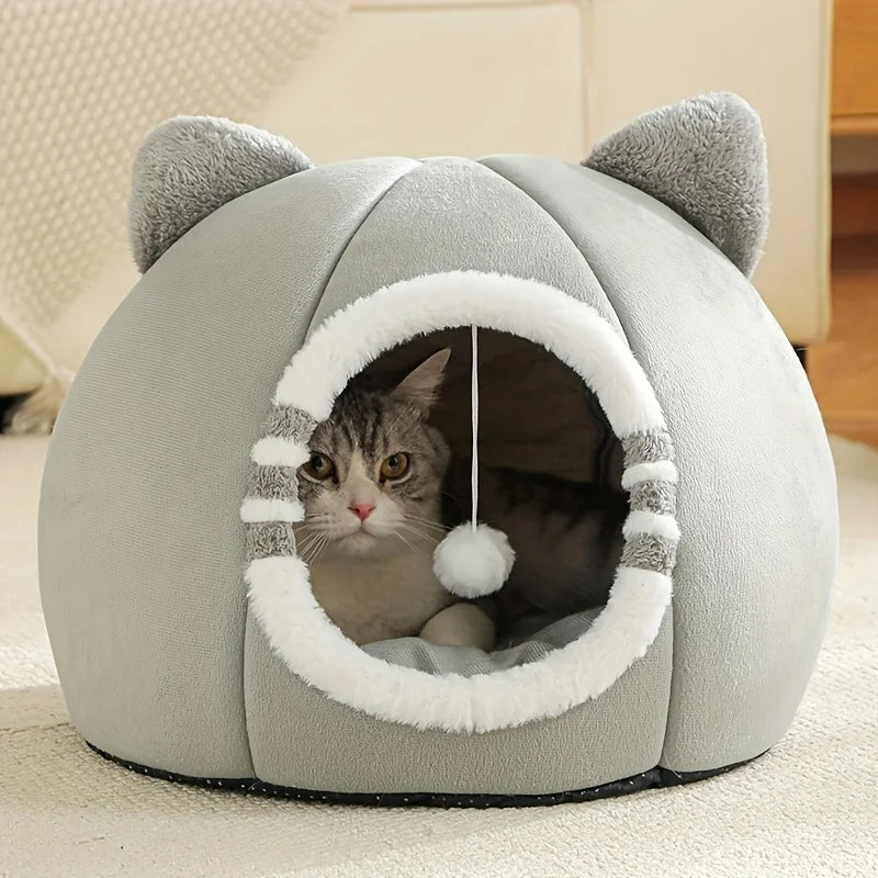 Niche cocon pour chat en peluche avec pompon