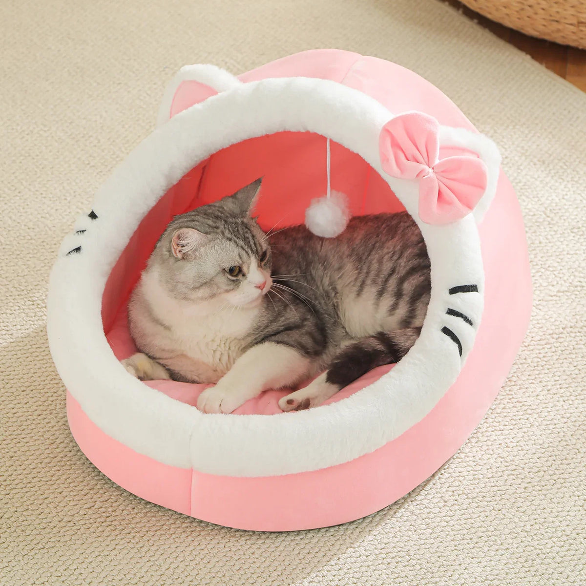 Maison douillette pour chat avec oreilles et pompon — vue 7