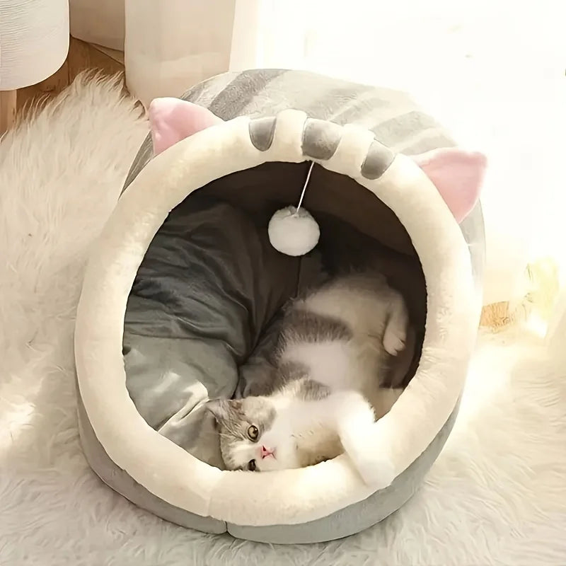 Cachette cocon pour chat avec pompon — vue 2