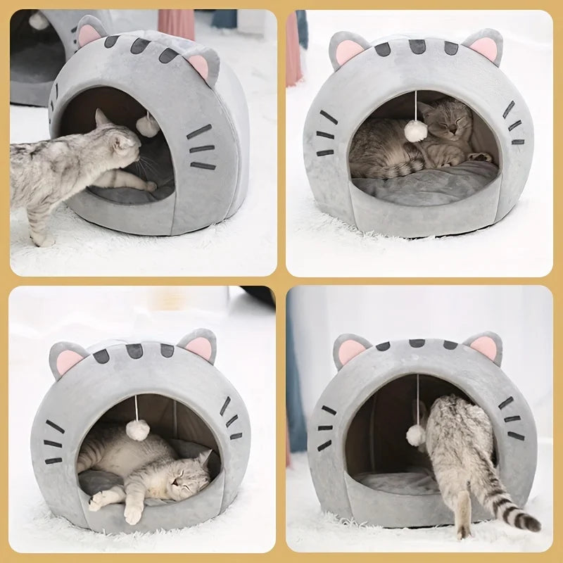 Niche cocon pour chat en peluche avec pompon — vue 3
