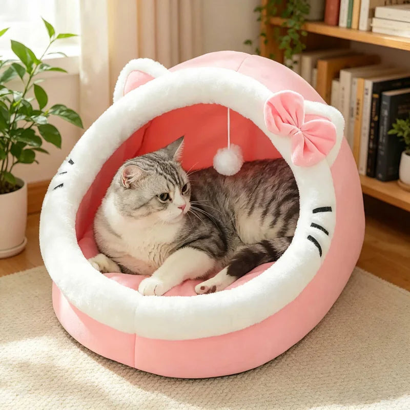 Maison douillette pour chat avec oreilles et pompon